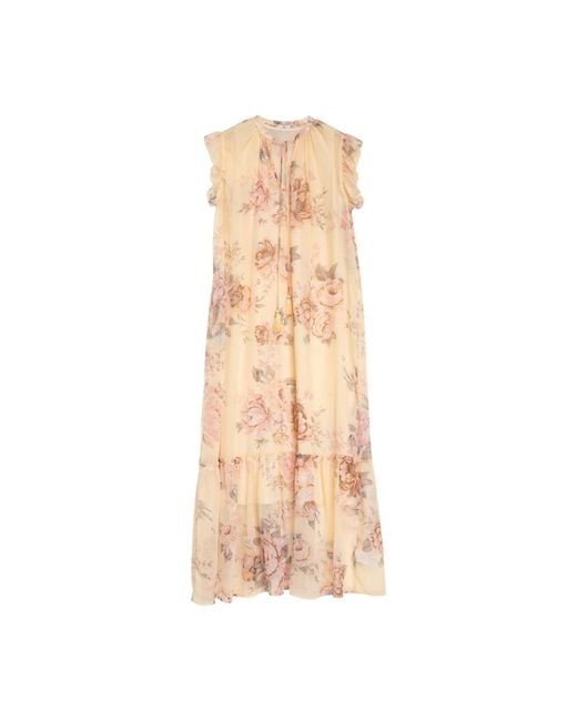 Niza Natural Sleeveless Short Dress With Floral Print And Knotted Belt