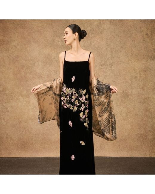 Silk and Bears Metallic Natural Sand & Charcoal Burst Habotai Silk Scarf – Hand-Dyed Mulberry Silk