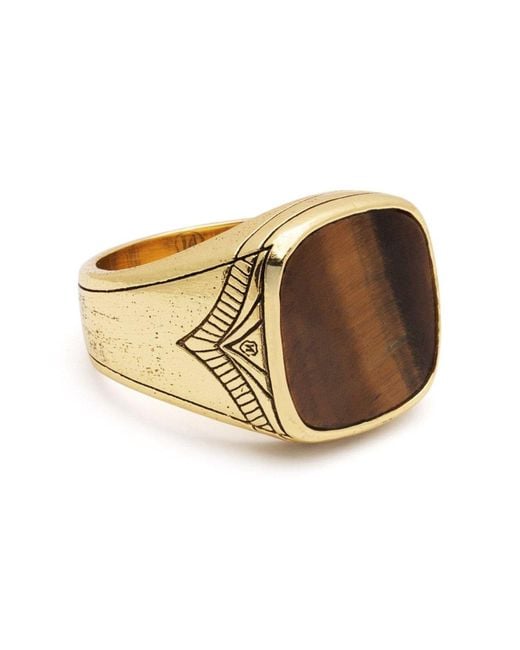 Nialaya Metallic Vintage Signet Ring With Tiger Eye for men