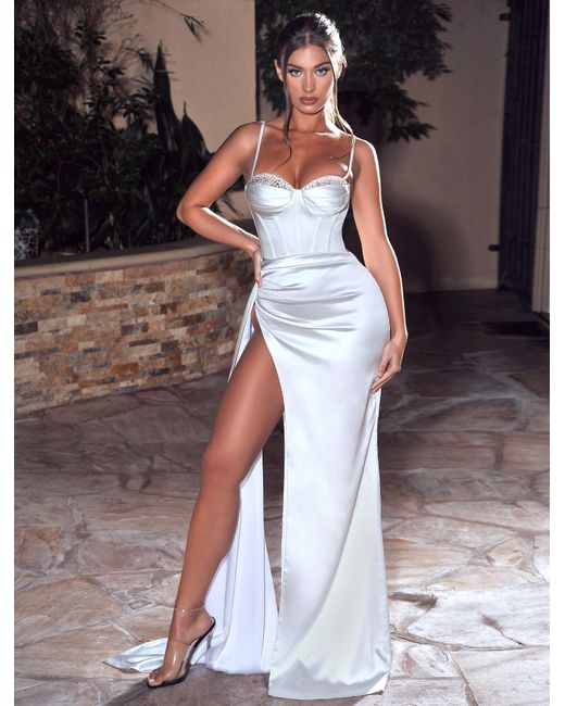 Miss Circle New York White Vanity Satin High Slit Draping Corset Gown With Crystals