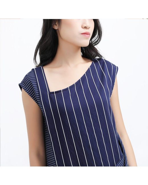 Smart and Joy Blue Asymmetric Stripe Trapeze Midi Dress