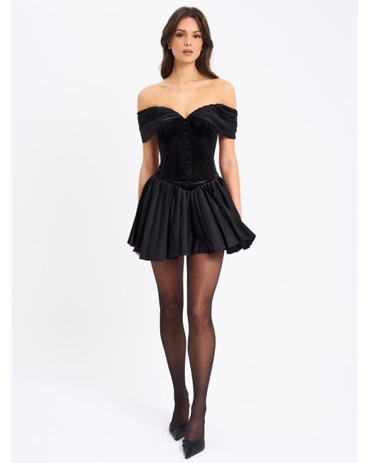 Miss Circle New York Black Echo Velvet Off-Shoulder Pleated Mini Dress