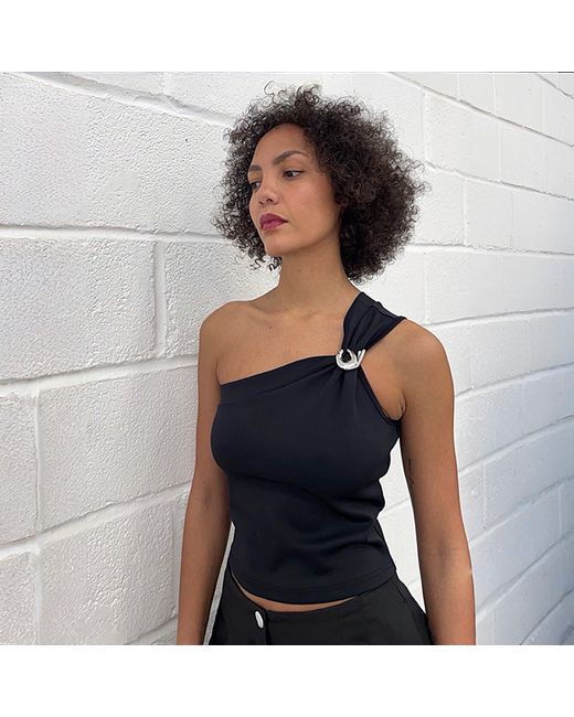 London Atelier Byproduct Black One Shoulder Top With Brooch