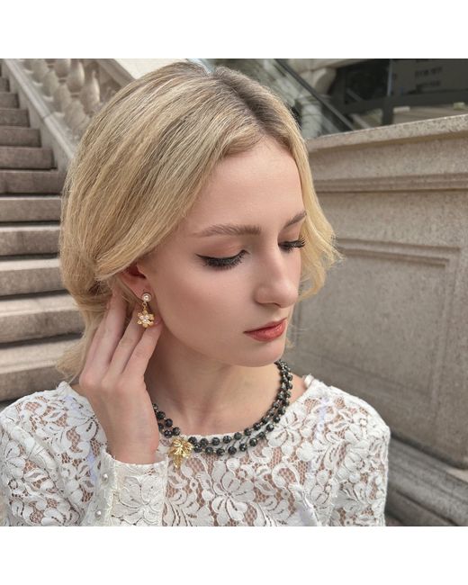 Farra Metallic Freshwater Pearls Floral Charm Earrings