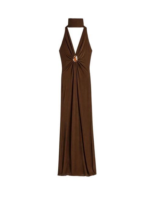 Nocturne Brown Halter-Neck Draped Maxi Dress