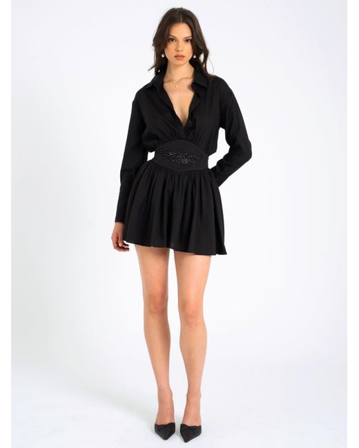 Miss Circle New York Black Jamila Shirt Mini Dress With Embroidered Waist Detail