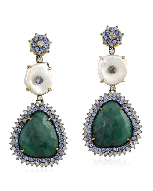 Artisan Green 18k Gold 925 Silver Diamond Emerald Pearl Tanzanite Diamond Dangle Earrings