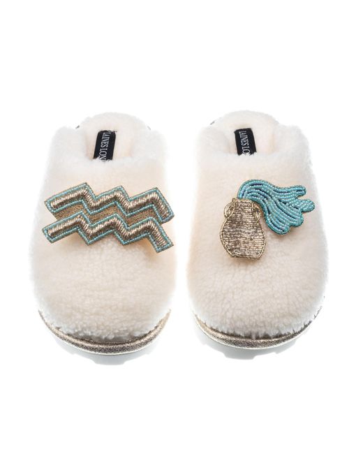 Laines London Metallic Teddy Closed Toe Slippers With Aquarius Zodiac Brooches