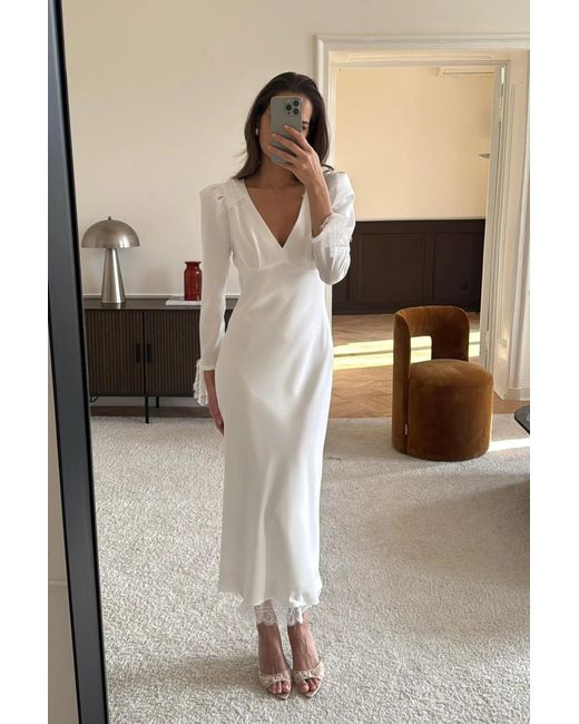 POST MERIDIEM White Fitted Midi Dress With Lace