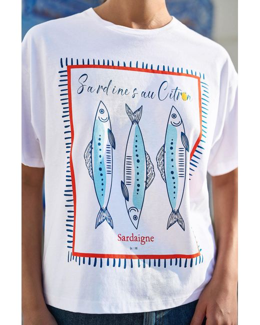Yumi' White Cotton Summer Motif T-Shirt