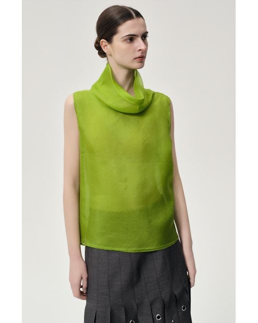 FRONT ROW SHOP Green Silk Organza Turtleneck Top