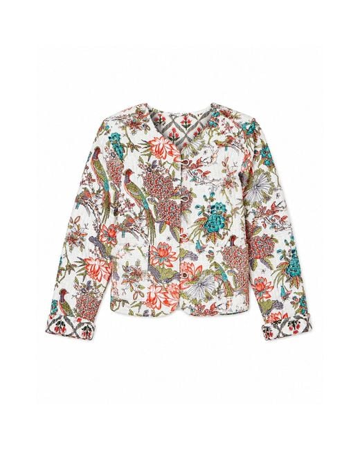Yumi' White Peacock Print Reversible Cotton Quilted Jacket