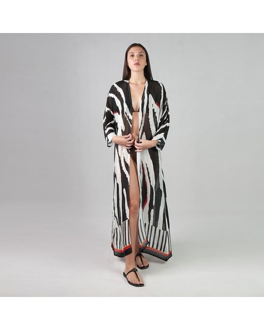 DHARA SHETH DUBAI Black Into The Wild And Stripe Zebra Print Kimono Dress