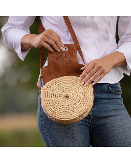 Berber Leather Brown Neutrals The Safi Rattan Round Bag