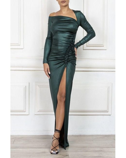 Cliché Reborn Green Maxi Asymmetric Long Sleeve Dress With Ruched Detail In