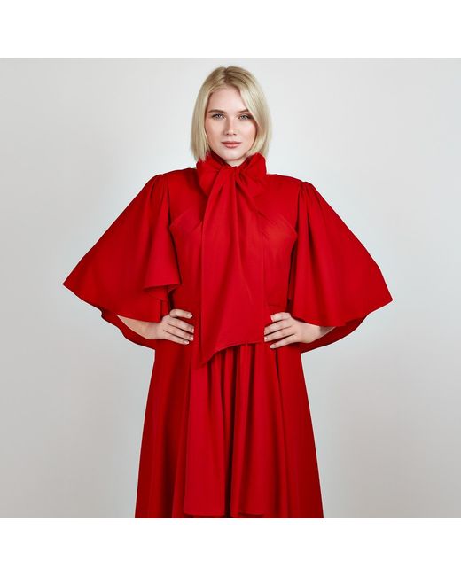 Femponiq Red Bow Tie Neck Cape Sleeve Maxi Dress