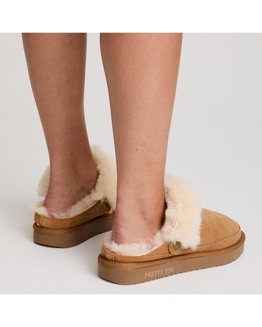 Pretty You London Brown Neutrals Hallie Sheepskin Multiway Slippers