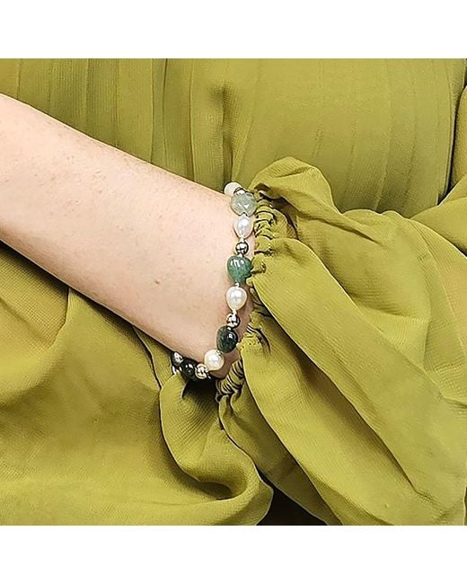 Farra Green Heart Shaped Aventurine With Freshwater Pearls Adjustable Bracelet