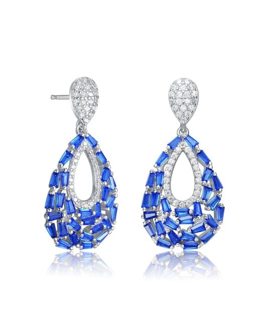 Genevive Jewelry Blue Sterling Silver Rhodium Plated Baguette And Round Sapphire Cubic Zirconia Pear Shape Drop Earrings