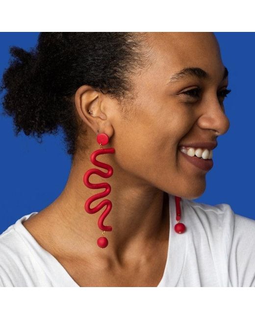 By Chavelli Red Tube Squiggles Dangly Statement Earrings