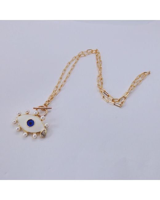 VALERIE CHIC Metallic Evil Eye Pearl Necklace 18K