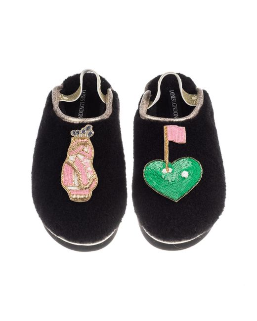 Laines London Black Flatform Cloud Closed Toe Slippers With Golf Lover Brooches