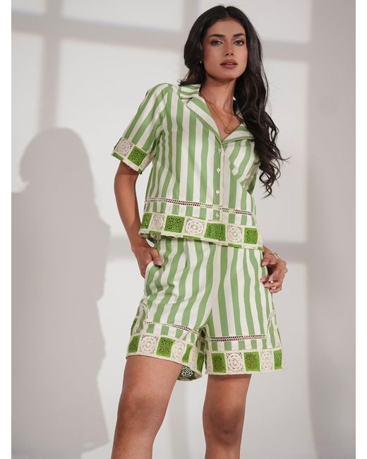 Rose & Nancy Green Helena Stripe Crochet Trim Cotton Resort Shirt