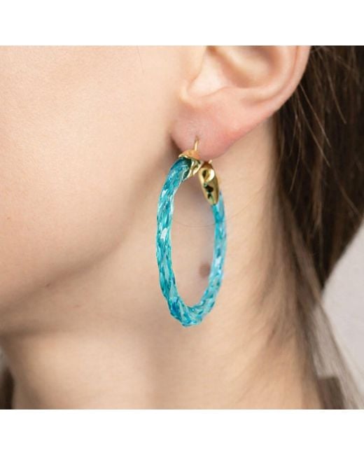 Gold & Honey Blue Aquamarine Swirl Twist Lucite Birthstone Hoop Earrings