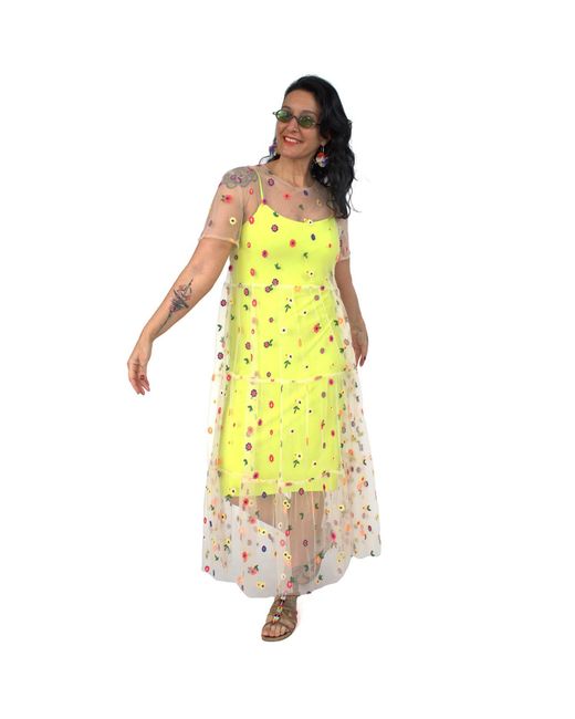 Lalipop Design Yellow Fluorescent Dress With Flower Embroidered Tulle