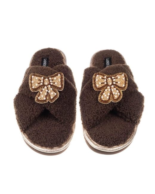 Laines London Brown Neutrals Neutral Boucle Slippers With & Pearl Beaded Pretty Bow Brooches