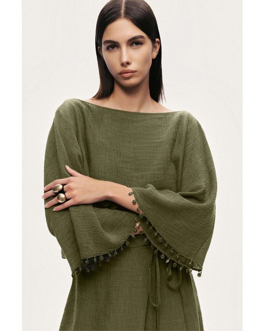 Nocturne Green Neutrals Cropped Boat-Neck Blouse