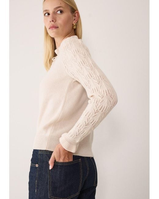 Loop Cashmere White Neutrals Tie Neck Pointelle Sweater