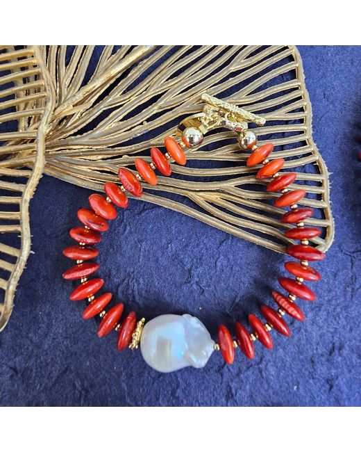 Farra Red Bamboo Coral With Baroque Pearl Bracelet
