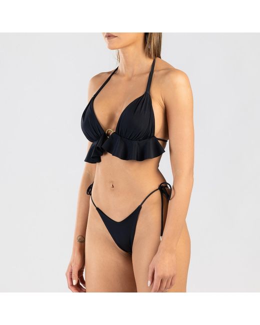 ANTONINIAS Black Dalliance Padded Halter Bikini Top With Ruffles