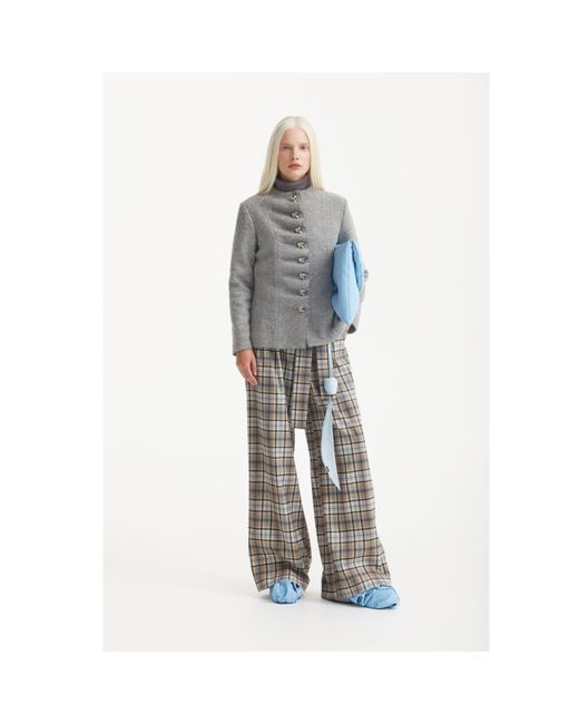 Julia Allert Gray High Waist Long Wide Leg Trousers – Plaid