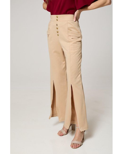 K-Win London Natural Neutrals Elegant High-Waist Wide-Leg Trousers With Adjustable Slits