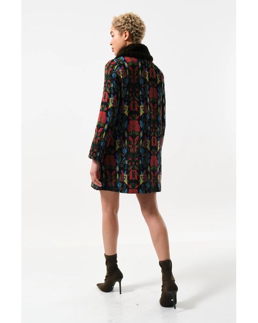 Louche Black Dryden Folk Jacquard Fur Collared Coat