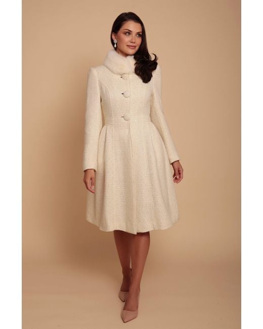 Santinni Natural Starlet Wool Tweed Dress Coat With Faux Fur In Crema