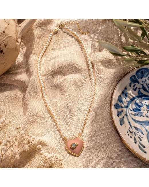 Vintouch Italy Metallic Evil Eye Heart Necklace With Pearls