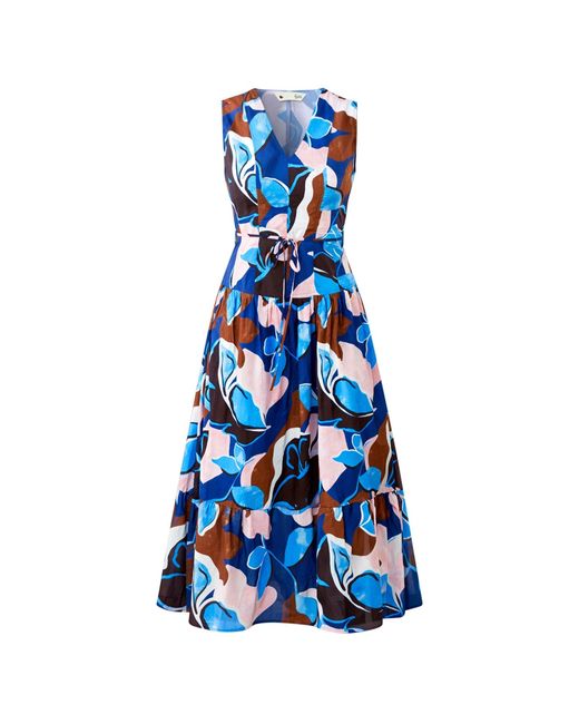 Yumi' Blue Cotton Floral Abstract Dropped Waist Midi Dress