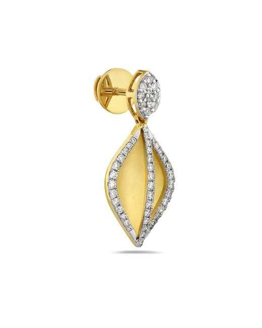 Artisan Metallic Yellow Gold Natural Diamond Leaf Dangle Earrings Handmade Jewelry