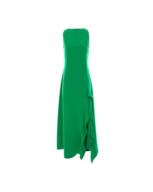 Larisa Dragna Green Long Dress With Delicate Straps And Ruffled Slit