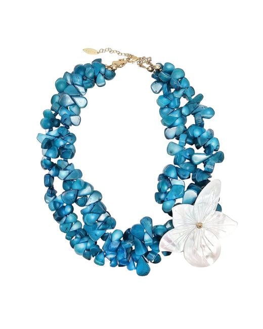 Farra Blue Bamboo Coral With Flower Giant Shell Statement Necklace