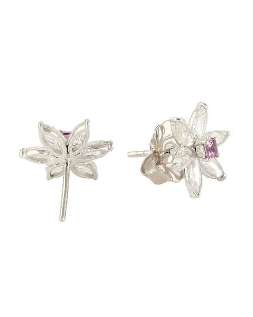 Artisan Multicolor 18k White Gold In Marquise Shape Rose Cut Diamond & Sapphire Flower Stud Earrings