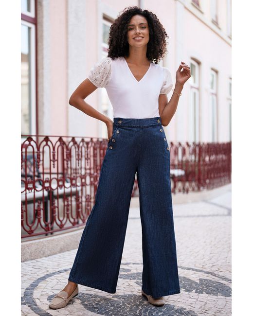 Yumi' Blue Chambray Wide Leg Trousers With Button Details