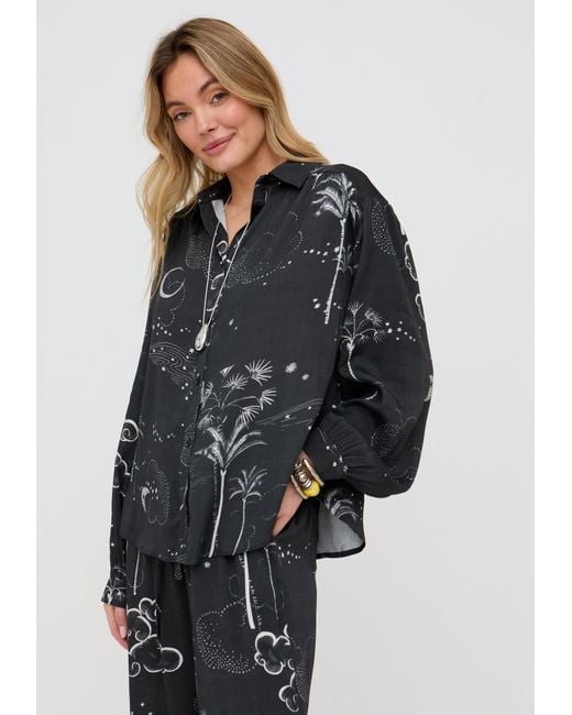 Raffya Black Palm Button Down Palm Print Shirt