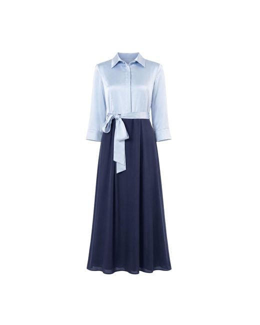 John Abgin Blue Satin Contrast Pearl Detail Maxi Shirt Dress