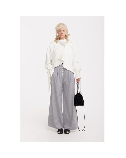 Julia Allert White High Neck Draped Cotton Blouse