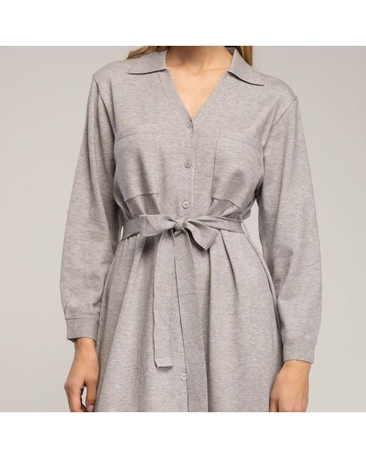 Tantra Spain Sl Gray Long Knit Shirt Dress With Chest Pockets And Belt
