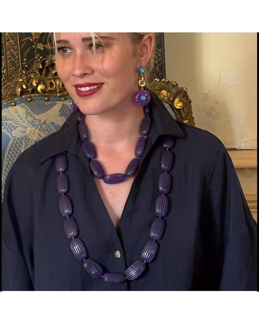 Michael Nash Jewelry Blue Renata Large Amethyst Resin Carved Bead Necklace